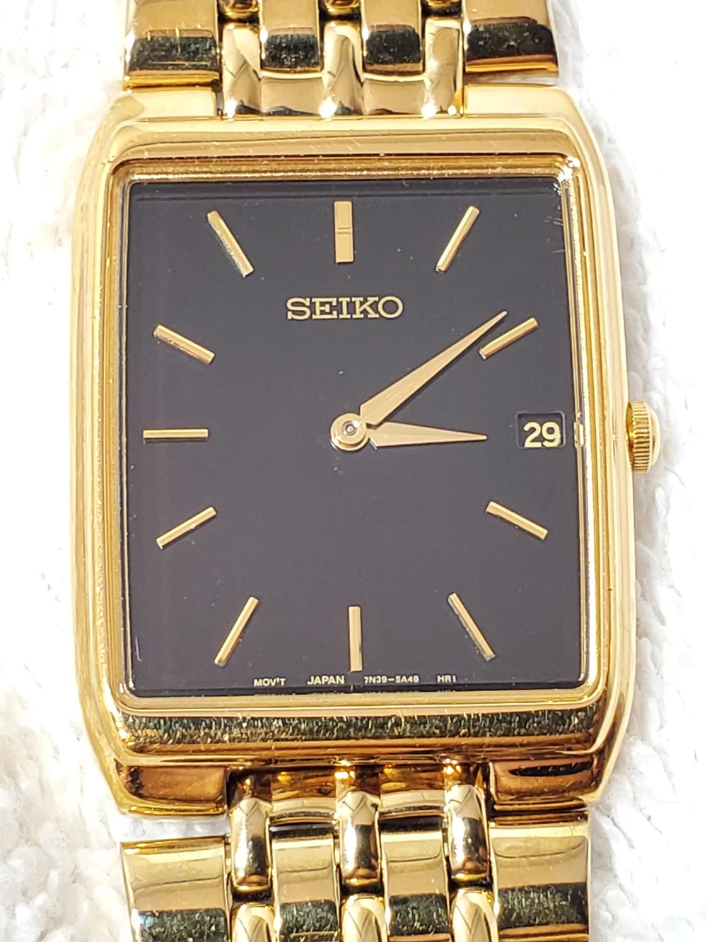 Vintage Seiko Men's Date Tank Quartz Watch Gold Plated Black Dial One Jewel